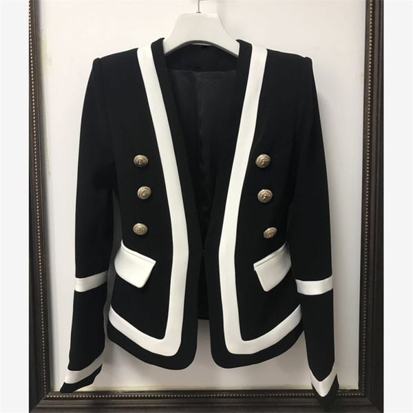 fashion designer blazer jacket women's classic black white color block metal buttons 211019, White;black
fashion designer blazer jacket women's classic black white color block metal buttons 211019, White;black