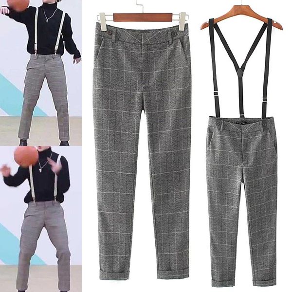 men's pants men retro gray plaid trousers vintage casual with suspender ql sale, Black
men's pants men retro gray plaid trousers vintage casual with suspender ql sale, Black