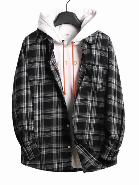 men plaid patched pocket shirt without hoodie i8f2#, White;black
men plaid patched pocket shirt without hoodie i8f2#, White;black