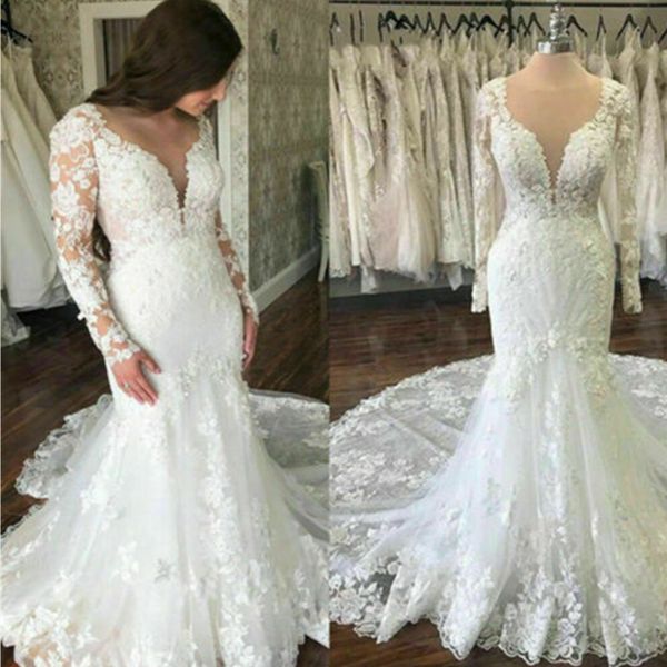 lace mermaid wedding dresses lace applique v neck long sleeves long train beach bridal gown, White
lace mermaid wedding dresses lace applique v neck long sleeves long train beach bridal gown, White