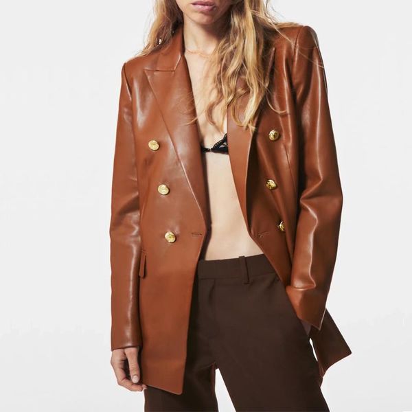 women's suits & blazers spring and autumn casual solid color double-breasted pockets embellished imitation leather jacket, White;black
women's suits & blazers spring and autumn casual solid color double-breasted pockets embellished imitation leather jacket, White;black