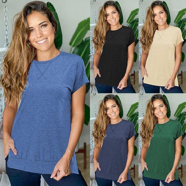 women's t-shirt 2021 short sleeve summer solid round neck drop shoulder front and back split top, White
women's t-shirt 2021 short sleeve summer solid round neck drop shoulder front and back split top, White