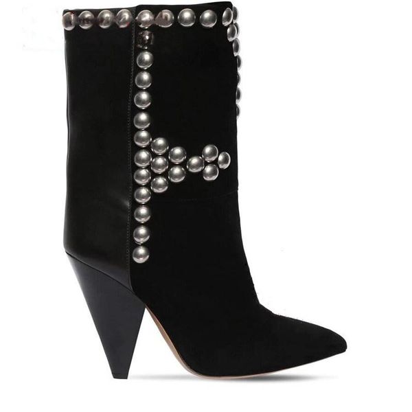 boots stylish round rivets studs spike heel thigh woman pointed toe patchwork suede leather winter mid-calf slip on, Black
boots stylish round rivets studs spike heel thigh woman pointed toe patchwork suede leather winter mid-calf slip on, Black