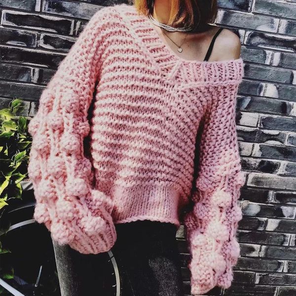 women's sweaters 2021 fall and winter europe america hand-knitted ball lantern sleeve v-neck pullover sweater, White;black
women's sweaters 2021 fall and winter europe america hand-knitted ball lantern sleeve v-neck pullover sweater, White;black