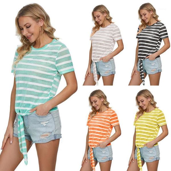women's t-shirt 2021 summer striped shirt women knot tee o neck short sleeve loose fashion casual female, White
women's t-shirt 2021 summer striped shirt women knot tee o neck short sleeve loose fashion casual female, White