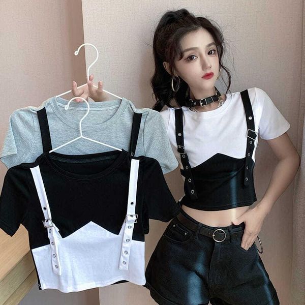 women's t-shirt high waist short women summer fake two-piece design niche tight-fitting ins style european and american trend, White
women's t-shirt high waist short women summer fake two-piece design niche tight-fitting ins style european and american trend, White