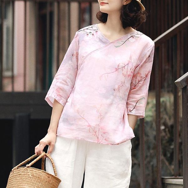 women's t-shirt johnature women vintage and print floral ramie v-neck three quarter sleeve tees 2021 summer casual loose t-shirts, White
women's t-shirt johnature women vintage and print floral ramie v-neck three quarter sleeve tees 2021 summer casual loose t-shirts, White