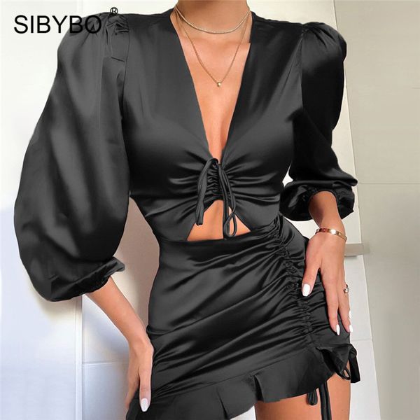 sibybo ruffles pleated hollow out party dress women long sleeve v-neck mini dress solid irregular ladies casual dresses, Black;white 
sibybo ruffles pleated hollow out party dress women long sleeve v-neck mini dress solid irregular ladies casual dresses, Black;white