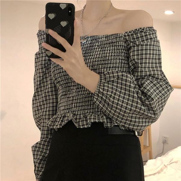 female slash neck off shoulder blouses plaid shirts vintage style women's clothing spring autumn fashion ladies crop &, White
female slash neck off shoulder blouses plaid shirts vintage style women's clothing spring autumn fashion ladies crop &, White