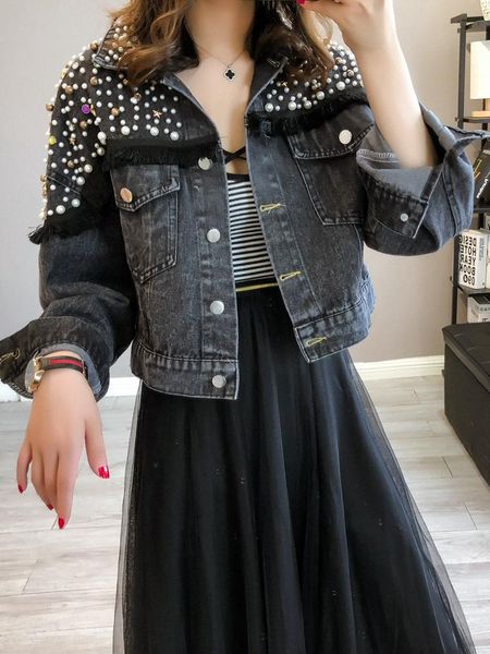 women's jackets vintage women jeans jacket with beading diamonds 2021 spring streetwear denim coat loose oversized outwear bc123, Black;brown
women's jackets vintage women jeans jacket with beading diamonds 2021 spring streetwear denim coat loose oversized outwear bc123, Black;brown