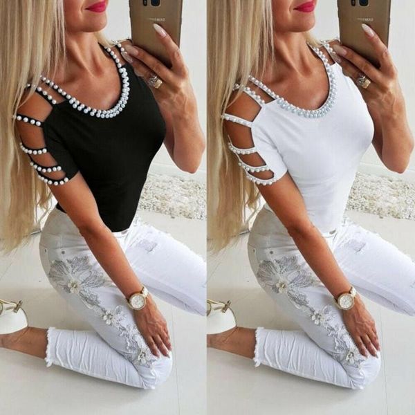 women's t-shirt 2021 shoulder strap featured nail bead comfortable, White