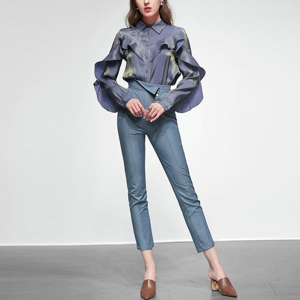 two piece dress runway designer set women 2021 spring elegant ladies ruffles long sleeve blouses+ denim pants office, White
two piece dress runway designer set women 2021 spring elegant ladies ruffles long sleeve blouses+ denim pants office, White