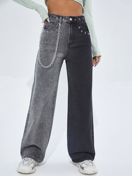 high waist wide leg grommet eyelet jeans with chain p1pl#, Blue
high waist wide leg grommet eyelet jeans with chain p1pl#, Blue