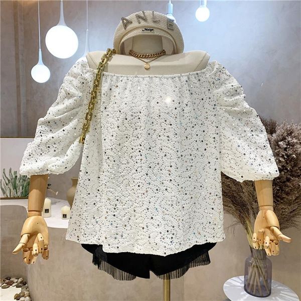 women's blouses & shirts niche design clothing 2021 summer sense off shoulder sequin puff sleeve shirt top, White
women's blouses & shirts niche design clothing 2021 summer sense off shoulder sequin puff sleeve shirt top, White