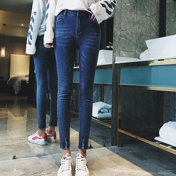 women's lengthen jeans elastic feet pants tight skinny pencil hole ankle-length, Blue
women's lengthen jeans elastic feet pants tight skinny pencil hole ankle-length, Blue