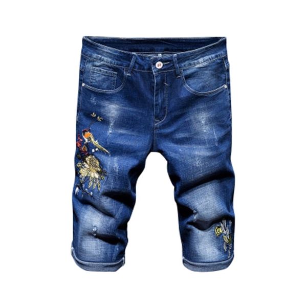 mens short jeans embroidery print slim straight summer jeans knee length distrressed male fashion short pants, Blue
mens short jeans embroidery print slim straight summer jeans knee length distrressed male fashion short pants, Blue