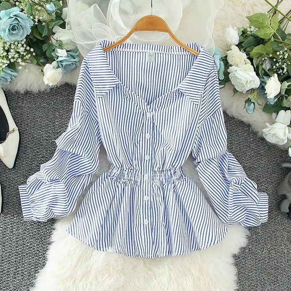 women's blouses & shirts 2021 fashion spring autumn women all-match striped latern sleeve office ladies elegant v-neck button blouse a, White
women's blouses & shirts 2021 fashion spring autumn women all-match striped latern sleeve office ladies elegant v-neck button blouse a, White