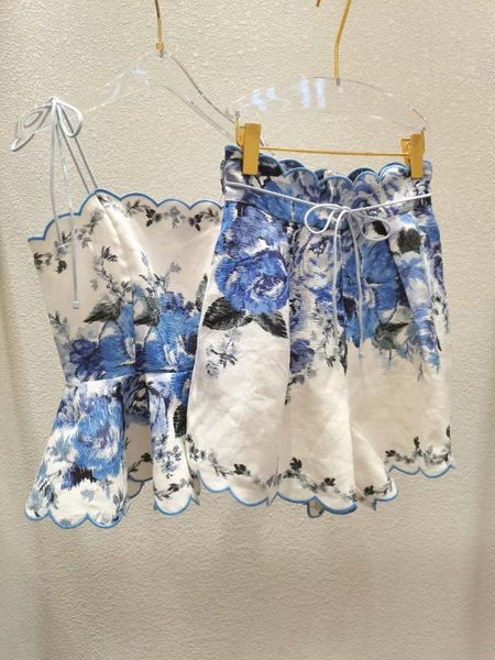 women's shorts women 100% linen blue print set, White;black
women's shorts women 100% linen blue print set, White;black