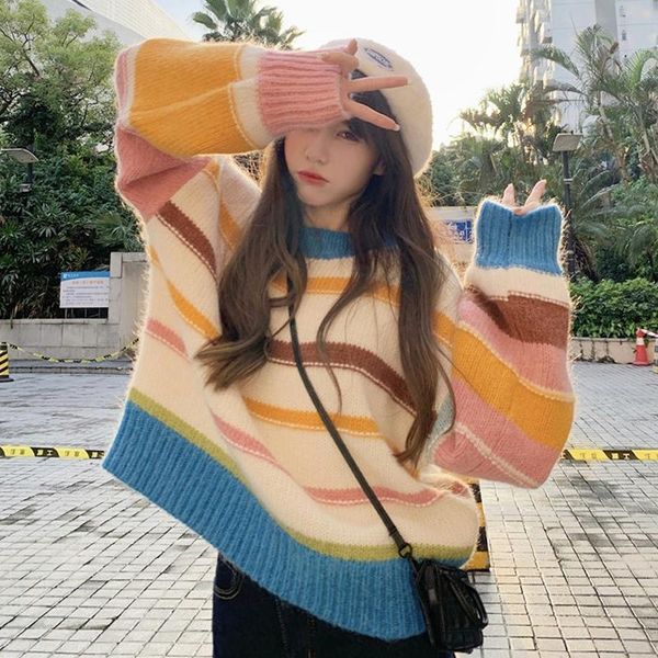 women's sweaters sweet fresh o neck long sleeve pullover autumn winter warm rainbow stripe sweater loose casual knitted woman, White;black
women's sweaters sweet fresh o neck long sleeve pullover autumn winter warm rainbow stripe sweater loose casual knitted woman, White;black