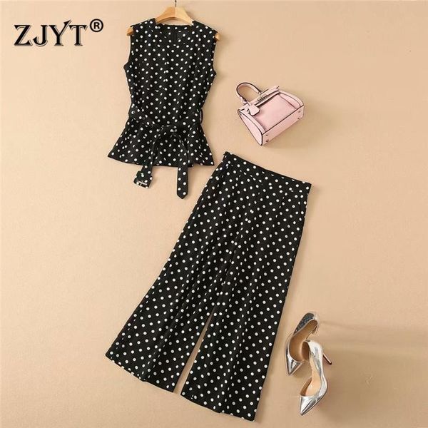 2021 summer lady designers office two piece outfits women sleeveless polka dot print and wide leg pants suits sets, White
2021 summer lady designers office two piece outfits women sleeveless polka dot print and wide leg pants suits sets, White