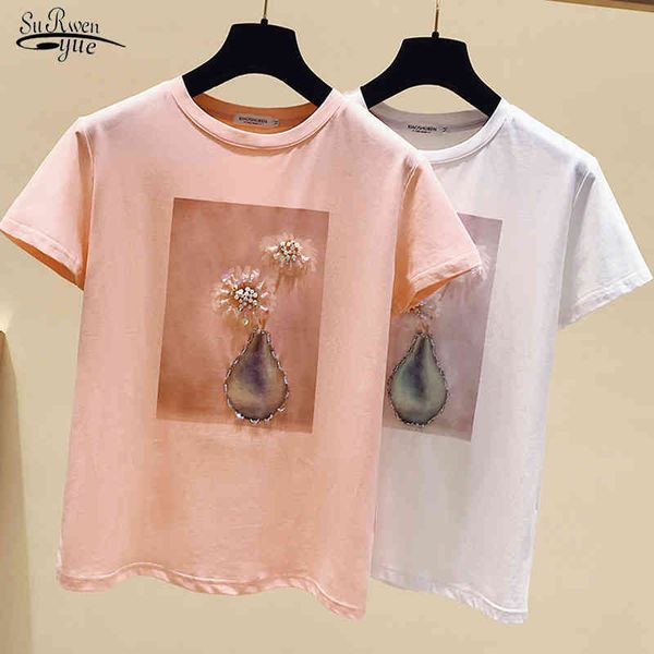 summer sweet short sleeve cotton women shirts loose beaded print blouse round collar pink clothes 9639 210508, White
summer sweet short sleeve cotton women shirts loose beaded print blouse round collar pink clothes 9639 210508, White