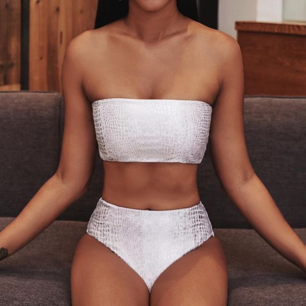 women's swimwear snakeskin bandeau bikini set strapless push up biquini high cut two piece swimsuit backless bathingsuit, White;black
women's swimwear snakeskin bandeau bikini set strapless push up biquini high cut two piece swimsuit backless bathingsuit, White;black