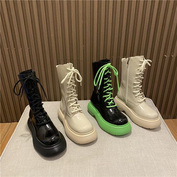 boots fonberry lace up cross-tied patent leather motorcycle women round toe side zip green sole ankle ladies botas, Black 
boots fonberry lace up cross-tied patent leather motorcycle women round toe side zip green sole ankle ladies botas, Black