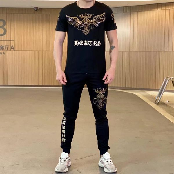 men's tracksuits brand tracksuit street style 2-piece suit heavy industry printed t-shirt + rhinestone casual pants male sportswear, Gray