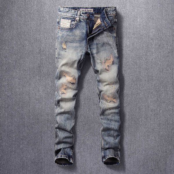 italian style fashion jeans men slim fit destroyed ripped retro wash vintage patchwork designer denim pants mc1u, Blue
italian style fashion jeans men slim fit destroyed ripped retro wash vintage patchwork designer denim pants mc1u, Blue