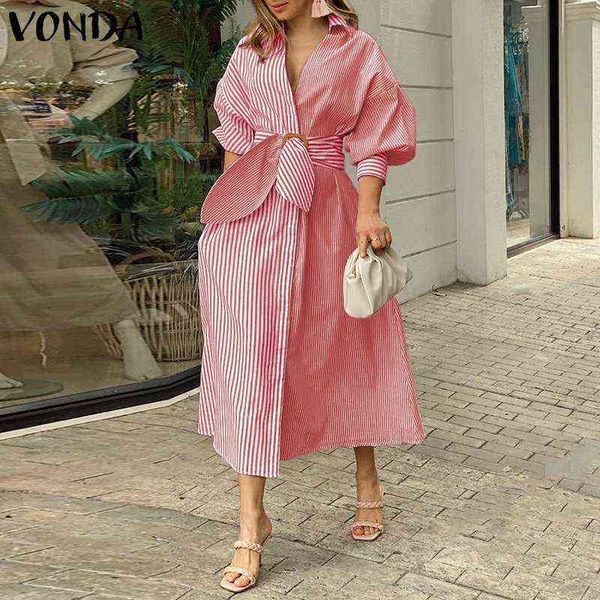 holiday women striped dress 2021 vonda vintage 3/4 sleeve lapel neck belted shirt dress party striped long vestidos oversized y220214, Black;gray 
holiday women striped dress 2021 vonda vintage 3/4 sleeve lapel neck belted shirt dress party striped long vestidos oversized y220214, Black;gray