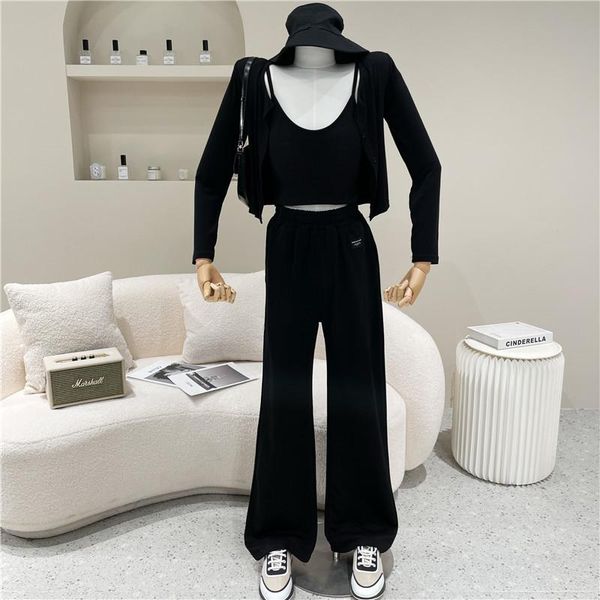 women spring summer 2021 niche design fashion sports suit open waist drawstring cardigan wide leg floor trousers three piece set women', White
women spring summer 2021 niche design fashion sports suit open waist drawstring cardigan wide leg floor trousers three piece set women', White