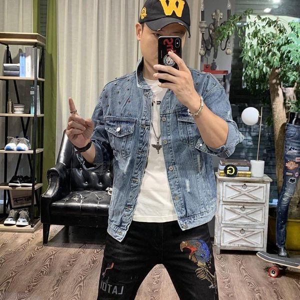 men's jackets spring autumn long sleeve single breasted mens denim korean rivet hole ripped slim fit male coats plus size streetwear, Black;brown
men's jackets spring autumn long sleeve single breasted mens denim korean rivet hole ripped slim fit male coats plus size streetwear, Black;brown