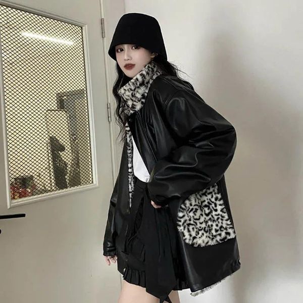 women's leather & faux winter pu women jacket leopard print thick warm lamb fur lining reversible wear loose harajuku snow female coat, Black
women's leather & faux winter pu women jacket leopard print thick warm lamb fur lining reversible wear loose harajuku snow female coat, Black