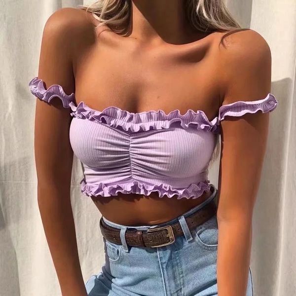 women ruched cold shoulder crop with ruffle trimming women's tanks & camis, White 
women ruched cold shoulder crop with ruffle trimming women's tanks & camis, White