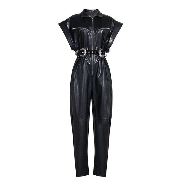 women's jumpsuits & rompers deat 2021 autumn winter simple lapel short sleeve zipper pockets belts pu leather women 19j-a140, Black;white
women's jumpsuits & rompers deat 2021 autumn winter simple lapel short sleeve zipper pockets belts pu leather women 19j-a140, Black;white