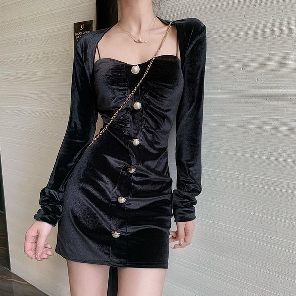 casual dresses real s 2021 autumn and winter fashion slim gold velvet sling bottoming dress + long sleeve small cardigan, Black;gray 
casual dresses real s 2021 autumn and winter fashion slim gold velvet sling bottoming dress + long sleeve small cardigan, Black;gray