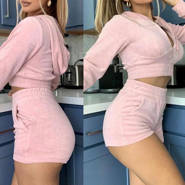 women's shorts velvet ladies two-piece sweater hooded long-sleeved zipper jacket slim fit autumn and winter suits 2021, White;black
