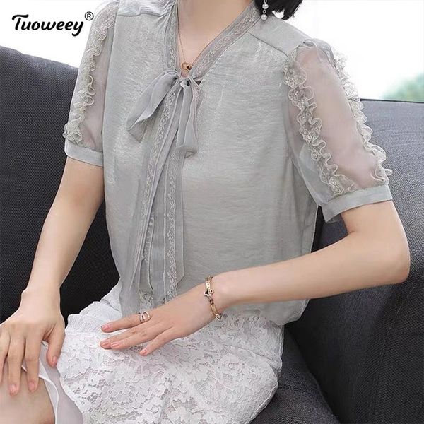 women's blouses & shirts solid color short sleeve lace up v-neck patchwork elegant spring summer style chiffon, White
women's blouses & shirts solid color short sleeve lace up v-neck patchwork elegant spring summer style chiffon, White