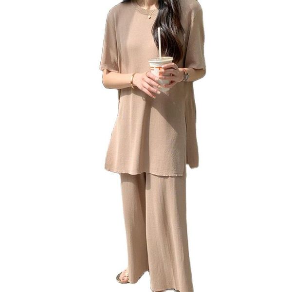 women's two piece pants gentle wind side slit loose ice silk thin sweater two-piece simple wide-leg suit 2021 summer fashion clothing, White 
women's two piece pants gentle wind side slit loose ice silk thin sweater two-piece simple wide-leg suit 2021 summer fashion clothing, White