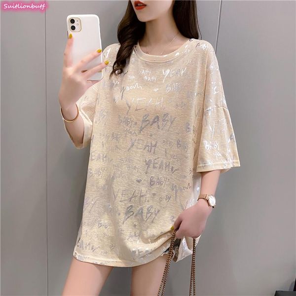 women's t-shirt shiny letter print long o-neck korean tee dress half sleeve loose oversized tshirt 2021 summer casual women clothes, White
women's t-shirt shiny letter print long o-neck korean tee dress half sleeve loose oversized tshirt 2021 summer casual women clothes, White