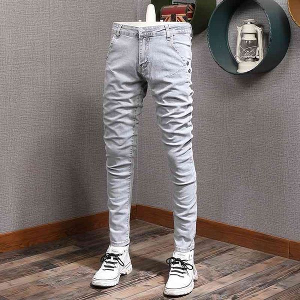 men's jeans korean style fashion retro gray white slim fit elastic designer ripped streetwear casual denim pencil pants qtb5, Blue
men's jeans korean style fashion retro gray white slim fit elastic designer ripped streetwear casual denim pencil pants qtb5, Blue