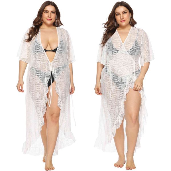 women's plus size large perspective lace ruffle cardigan bandage beach bikini blouse 6154
women's plus size large perspective lace ruffle cardigan bandage beach bikini blouse 6154