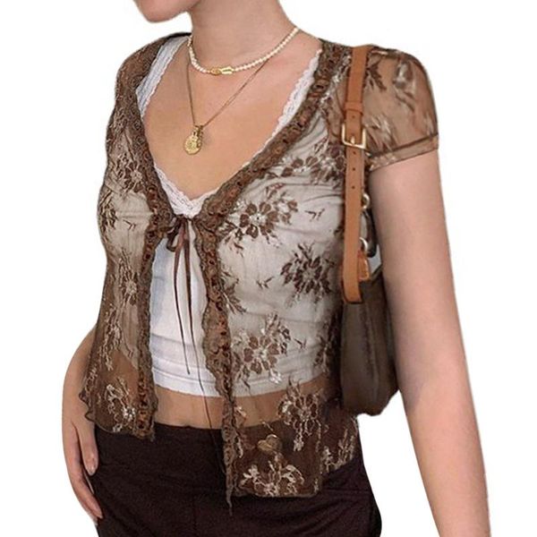 women's t-shirt cardigan style see-through lace crop outer wear v-neck short-sleeved tie-up for women spring summer d88, White
women's t-shirt cardigan style see-through lace crop outer wear v-neck short-sleeved tie-up for women spring summer d88, White