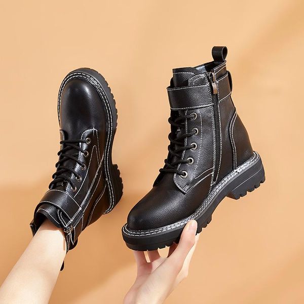 

boots inside heighten women fashion motorcycle cow leather shoes black platform ankle boot buty damskie short botas mujer zapato