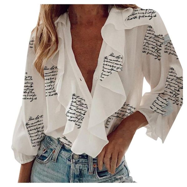 women's blouses & shirts ruffle letters print v-neck long-sleeve summer ladies blouse cotton western style casual femme clothes, White
women's blouses & shirts ruffle letters print v-neck long-sleeve summer ladies blouse cotton western style casual femme clothes, White