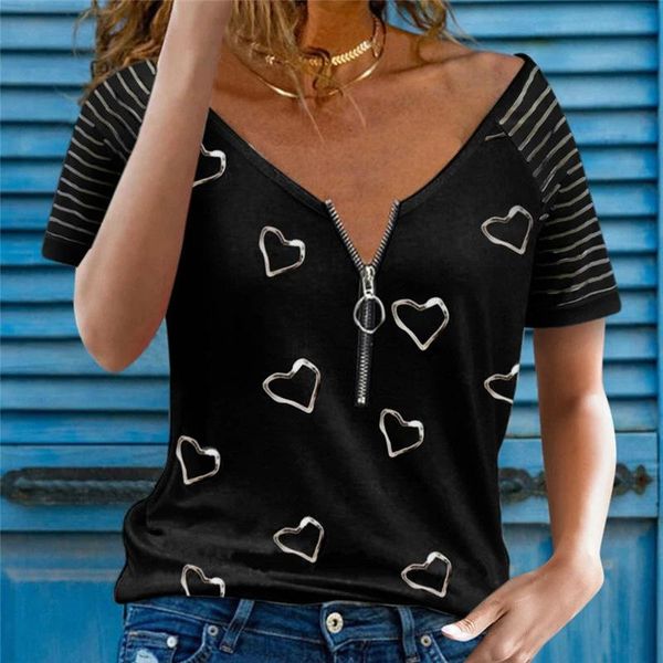 women's t-shirt fashion summer casual v-neck pullover zipper love printing slim short-sleeved donsignet, White
women's t-shirt fashion summer casual v-neck pullover zipper love printing slim short-sleeved donsignet, White