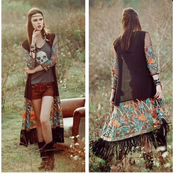 women's t-shirt vintage women boho floral tassel beach long cover up chiffon kimono shirt, White
women's t-shirt vintage women boho floral tassel beach long cover up chiffon kimono shirt, White