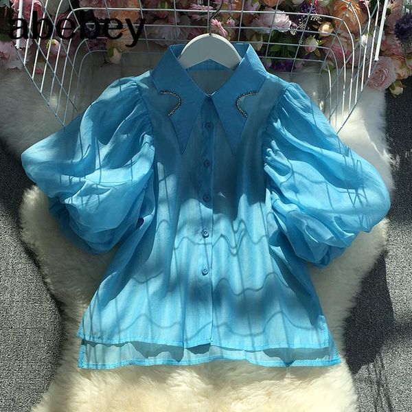 women's blouses & shirts 2021 summer fashion turn-down collar puff sleeve shirt diamonds design single breasted loose casual solid top, White
women's blouses & shirts 2021 summer fashion turn-down collar puff sleeve shirt diamonds design single breasted loose casual solid top, White