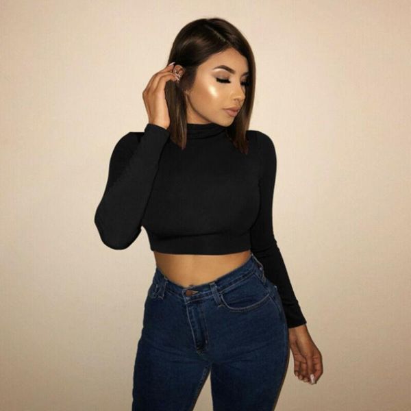 women's exposed umbilical long sleeve stand collar t-shirt lady casual solid crop plus size, White
women's exposed umbilical long sleeve stand collar t-shirt lady casual solid crop plus size, White
