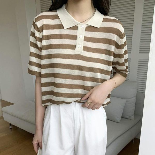 women's polos short-sleeved shirts summer 2021 striped pturn-down collar loose tee, White
women's polos short-sleeved shirts summer 2021 striped pturn-down collar loose tee, White